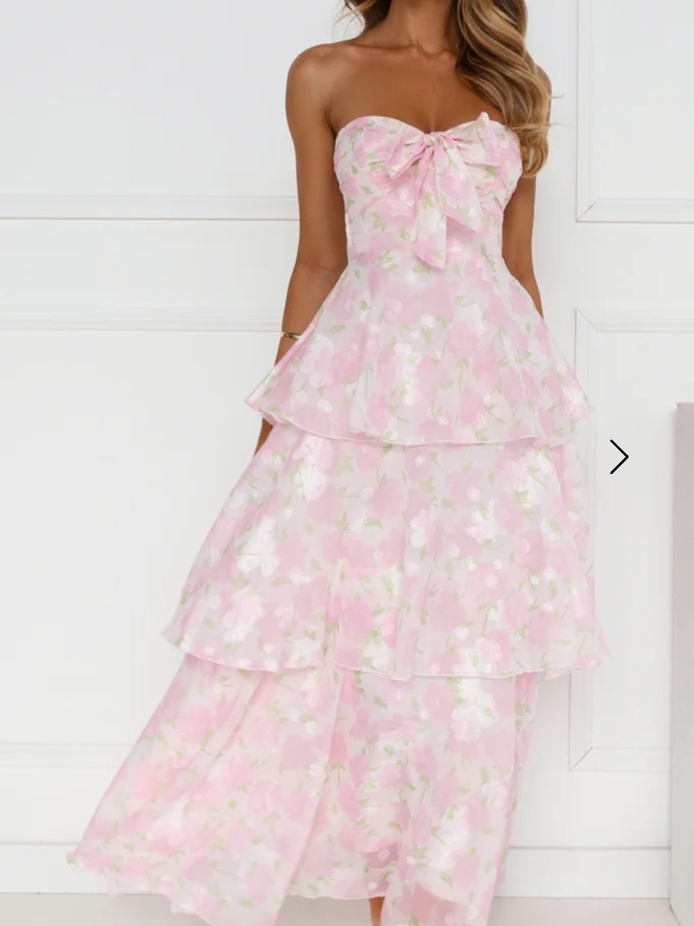 Hello Molly Spring Flower Strapless Pink Floral Tiered Dress with Bow